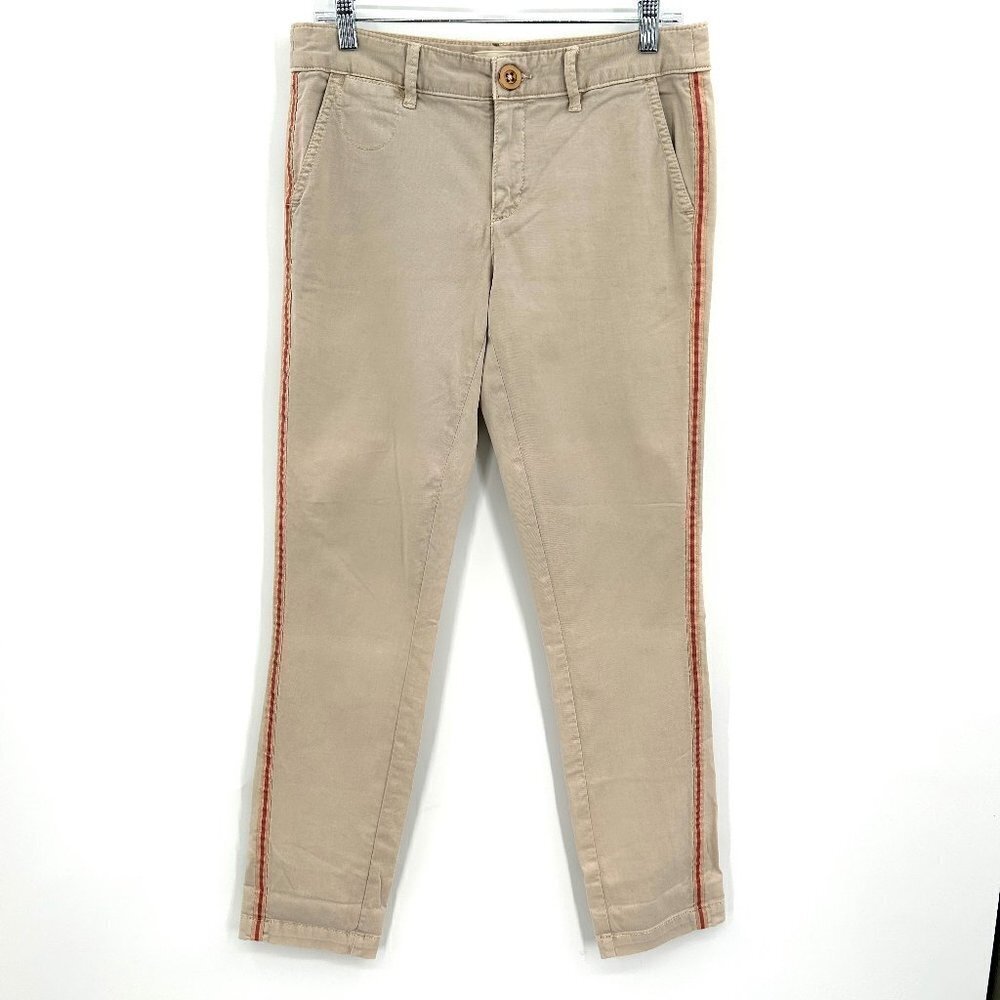 ANTHROPOLOGIE Chino Khaki Red Side Stripe Relaxed Fit Straight Leg Pants Size 27